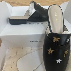 Black Embroidered Bee & Star Leather Mule Flats